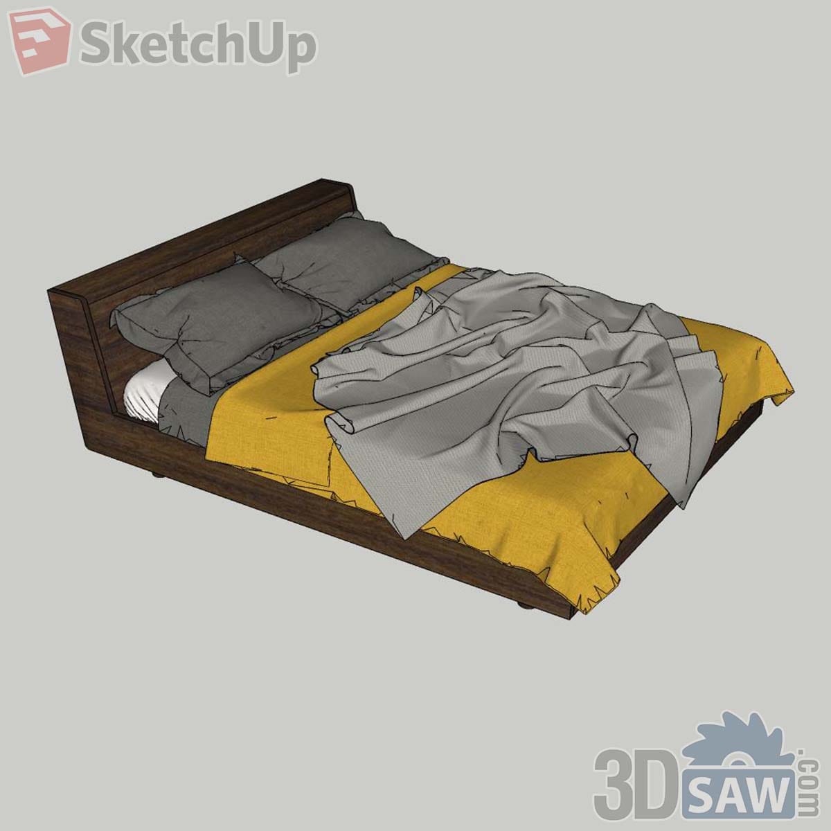Dark wood bed with mustard yellow coverlet, loose grey throw and grey pillows