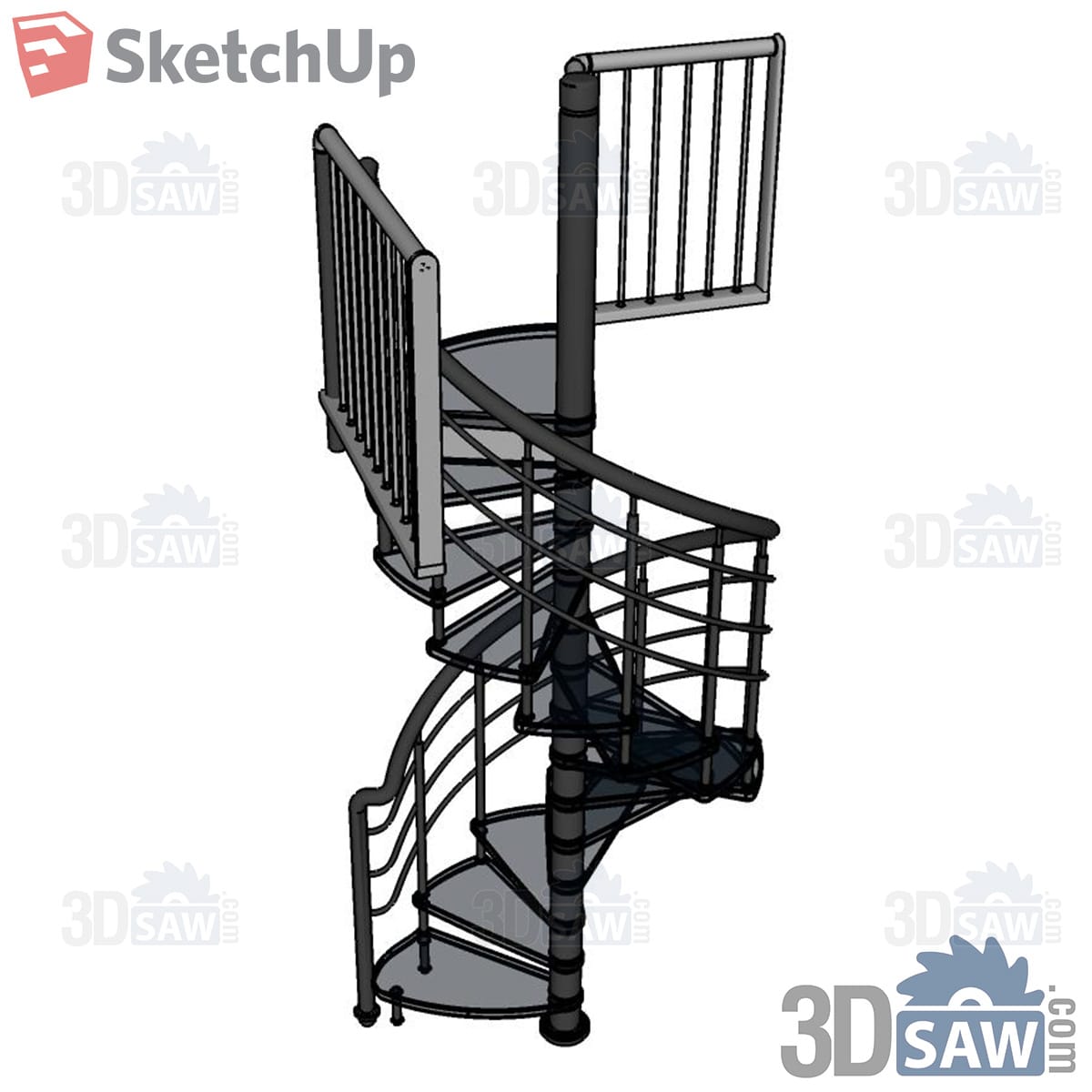 Dark spiral stair with glass treads and curved metal railing