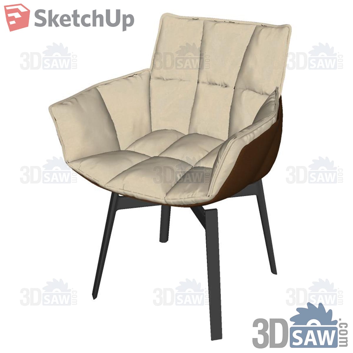 Beige quilted shell armchair with brown back and black steel legs