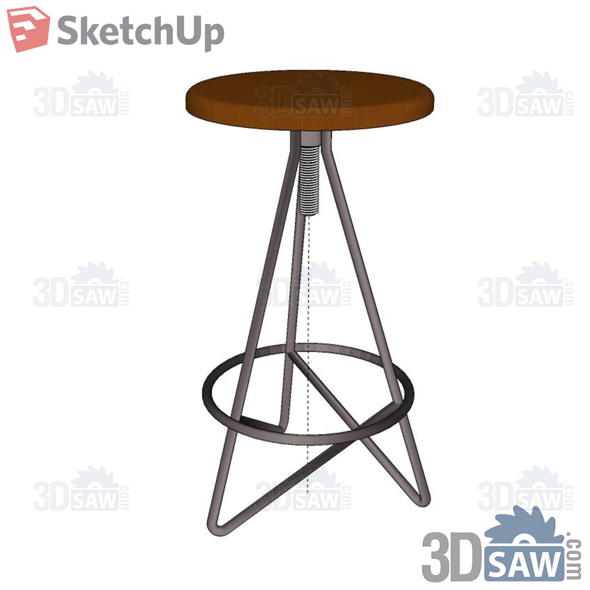 Round wood-seat bar stool with tripod wire frame and footrest ring