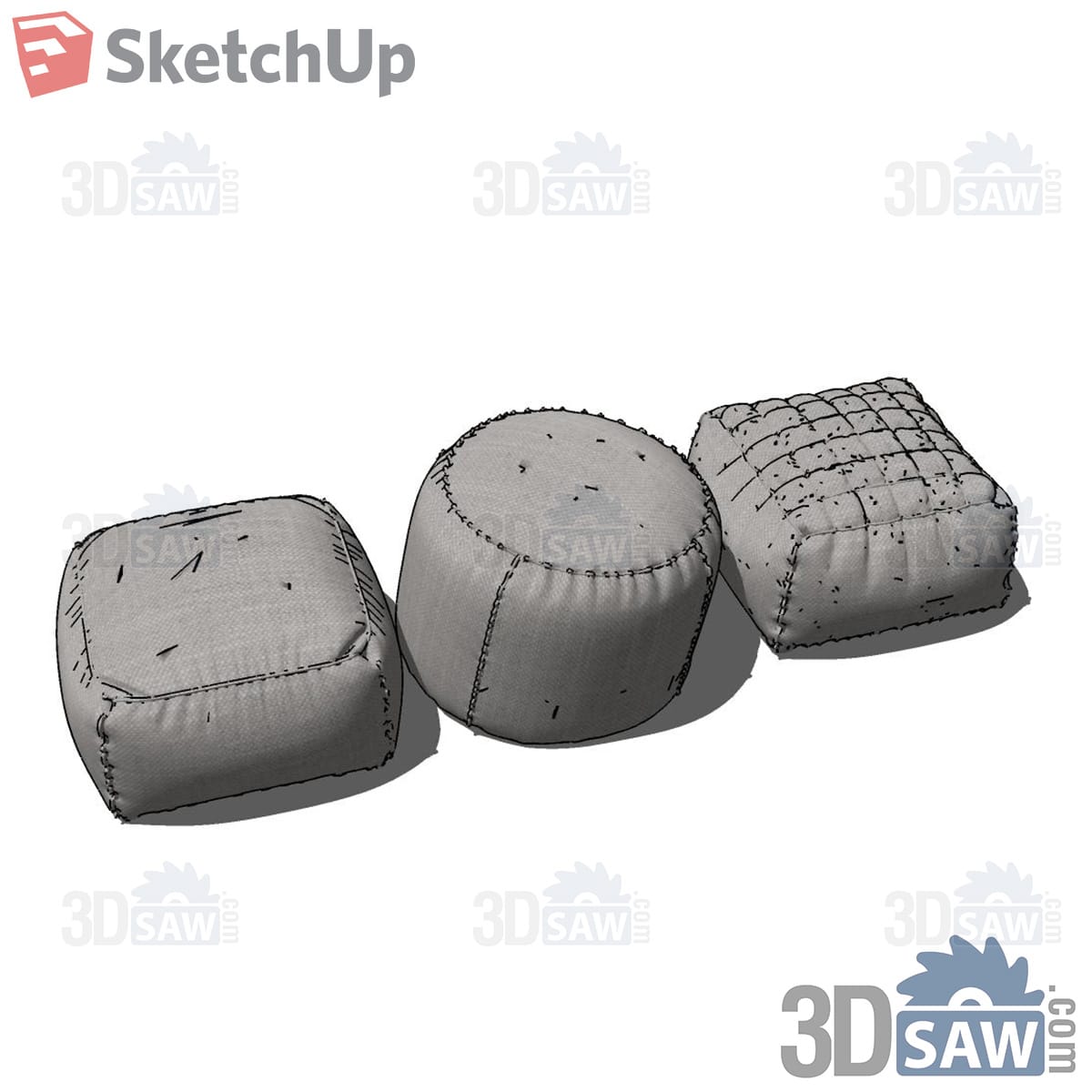 Set of three grey fabric poufs with stitched seams