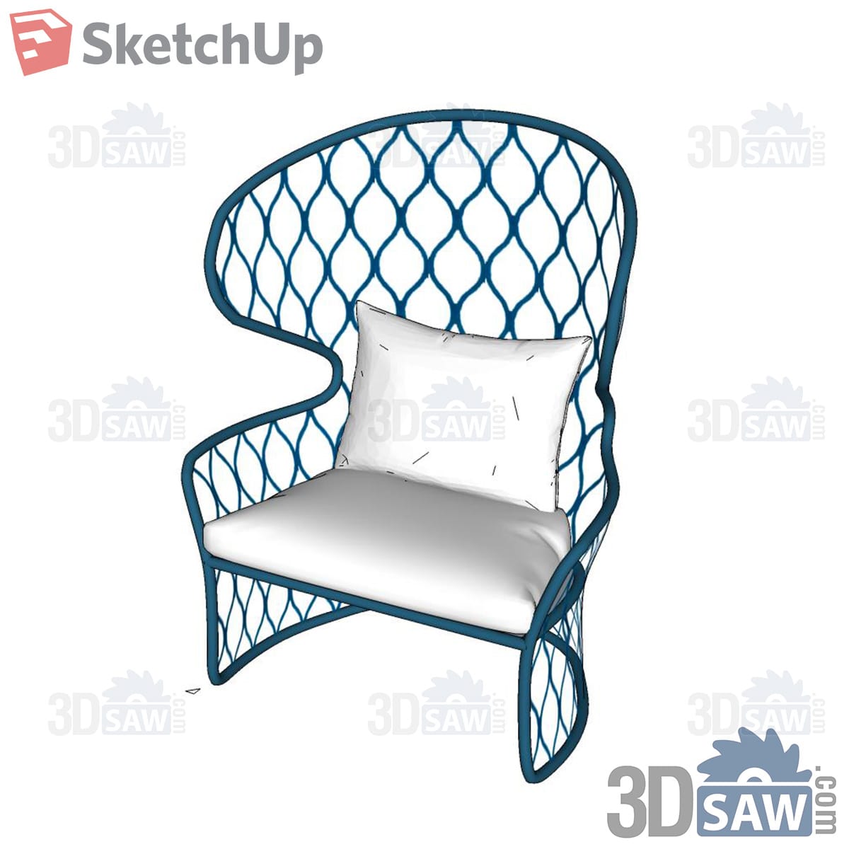 Blue wire-mesh high-back armchair with white seat and back cushions