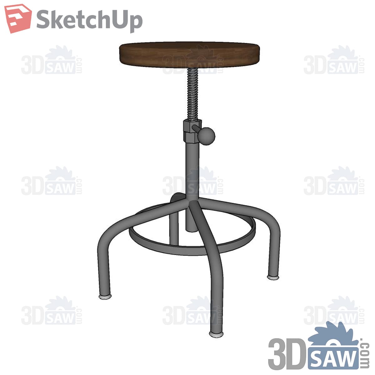 Adjustable bar stool with dark wood seat and grey steel base