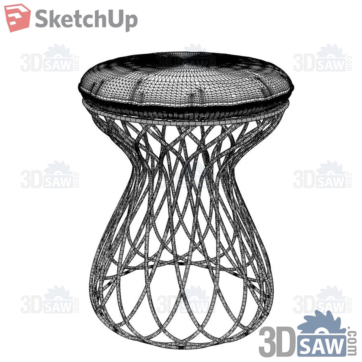 Hourglass wire stool with tufted round cushion in wireframe view