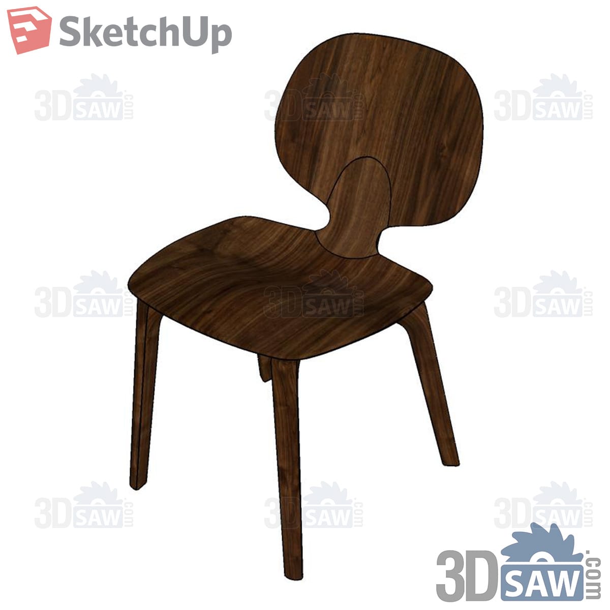 Walnut molded plywood dining chair with rounded back and splayed legs