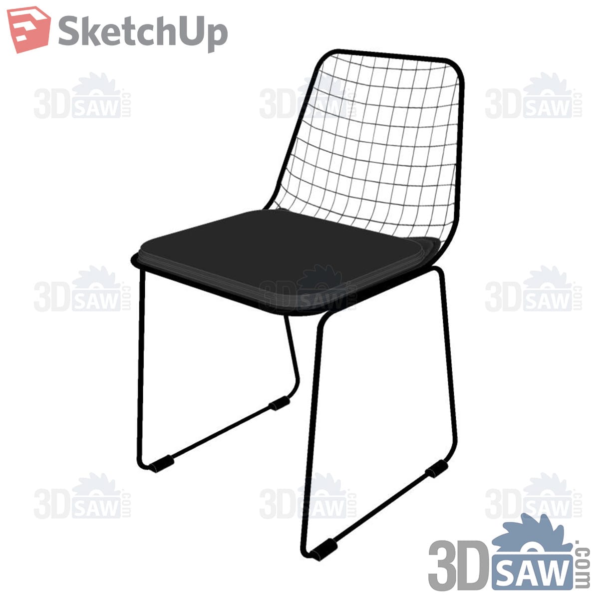 Black wire-mesh chair with seat cushion and sled base