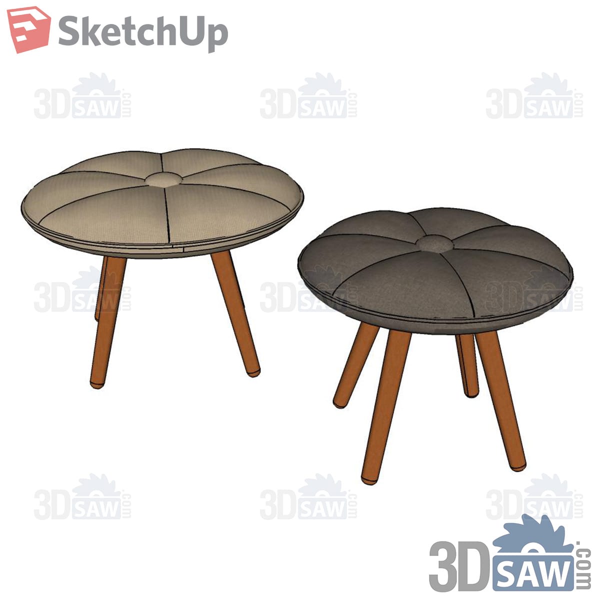Pair of beige and grey petal-cushion stools on splayed wooden legs