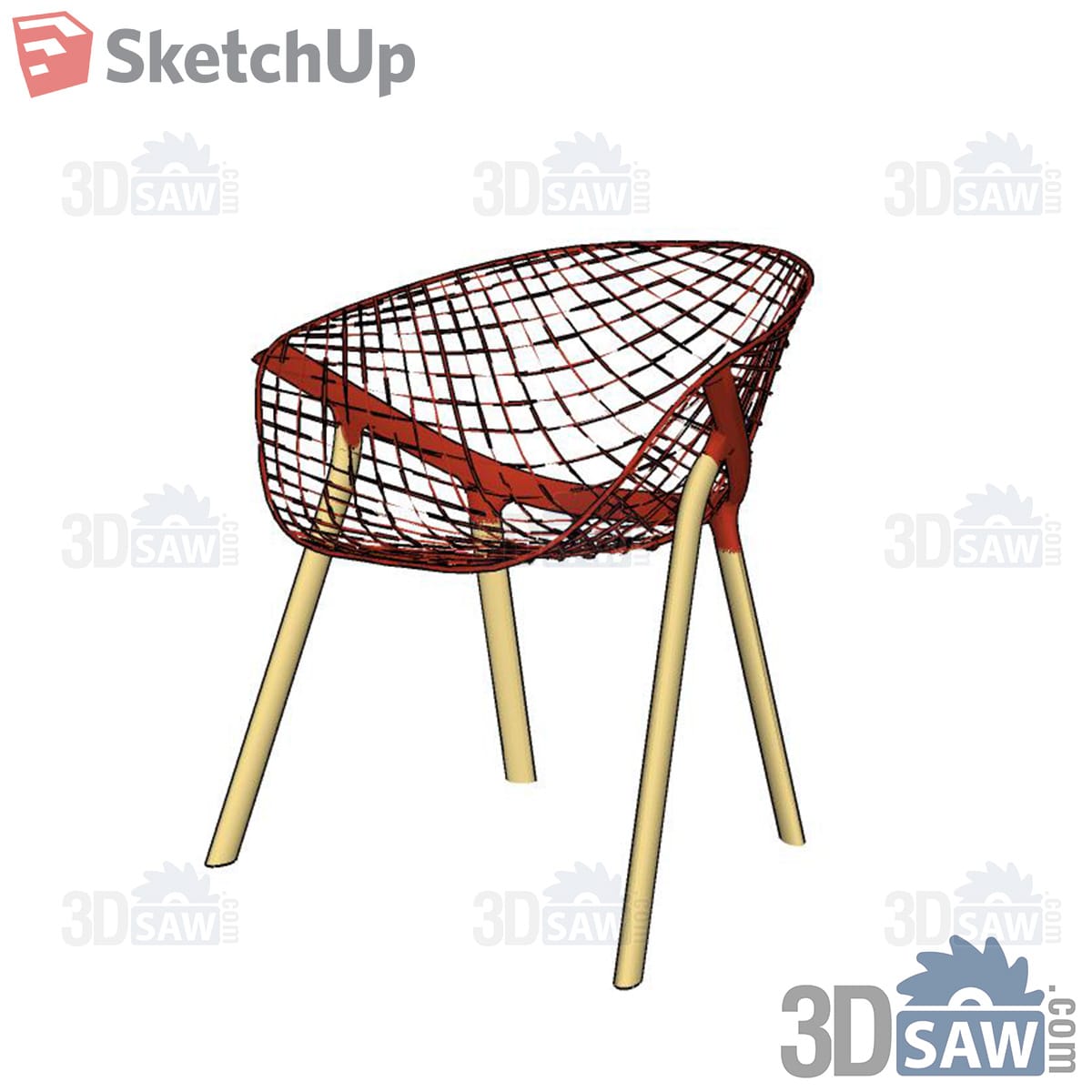 Red wire-lattice shell armchair with natural wood legs