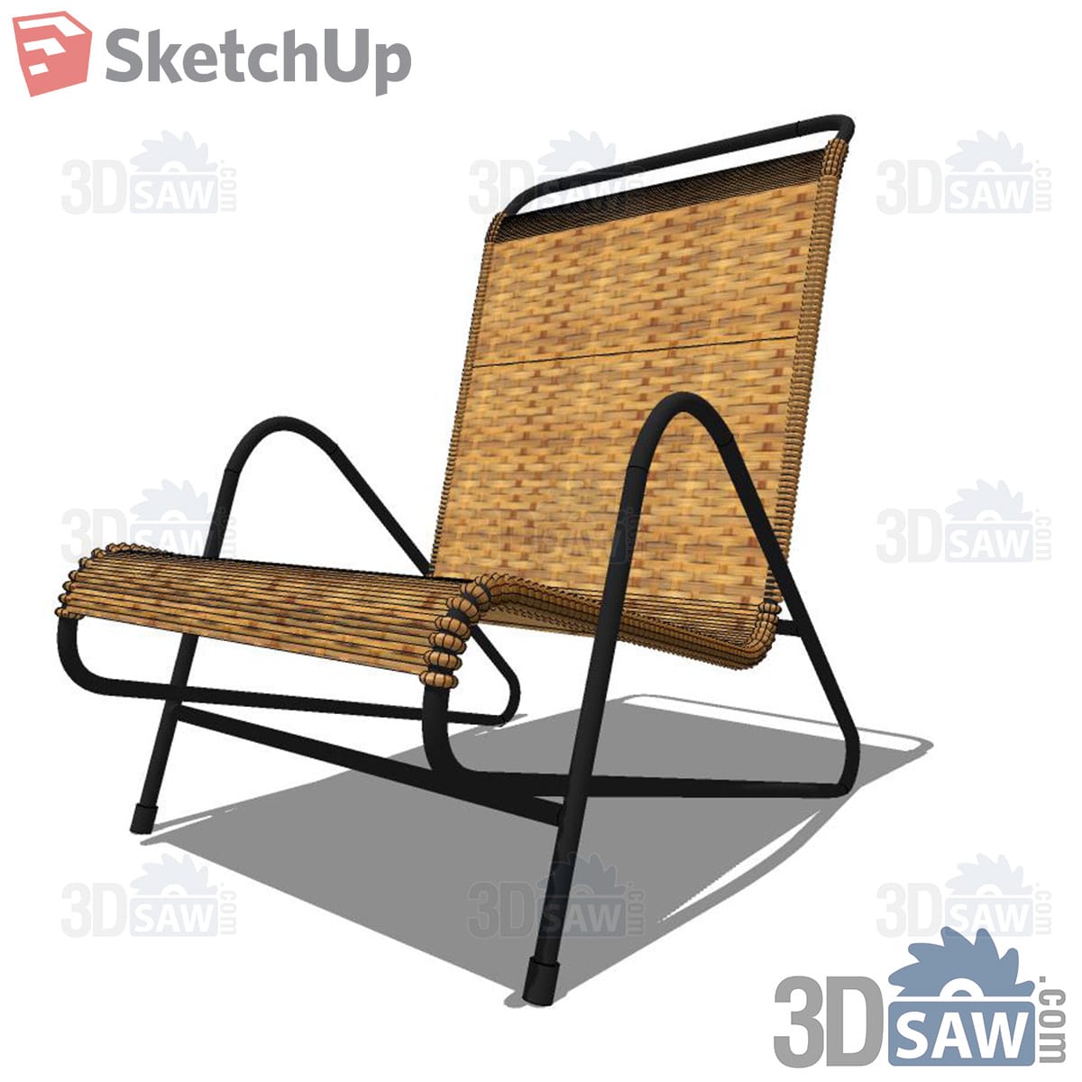 Woven rattan lounge chair on a black tubular steel frame
