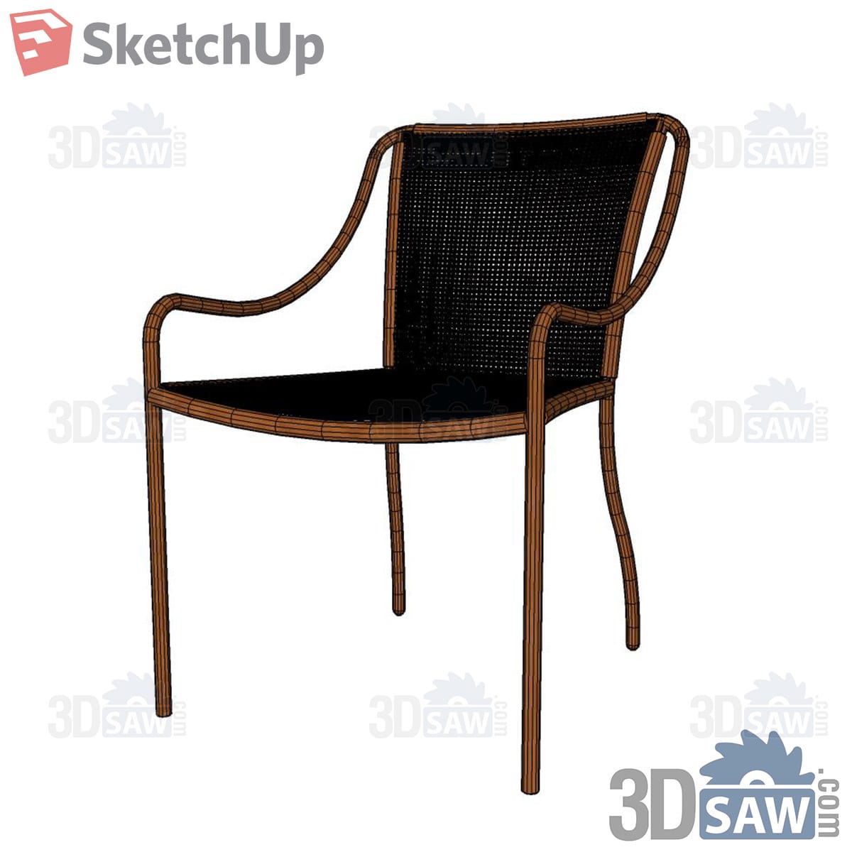 Black mesh-seat armchair with copper-toned frame and curved arms
