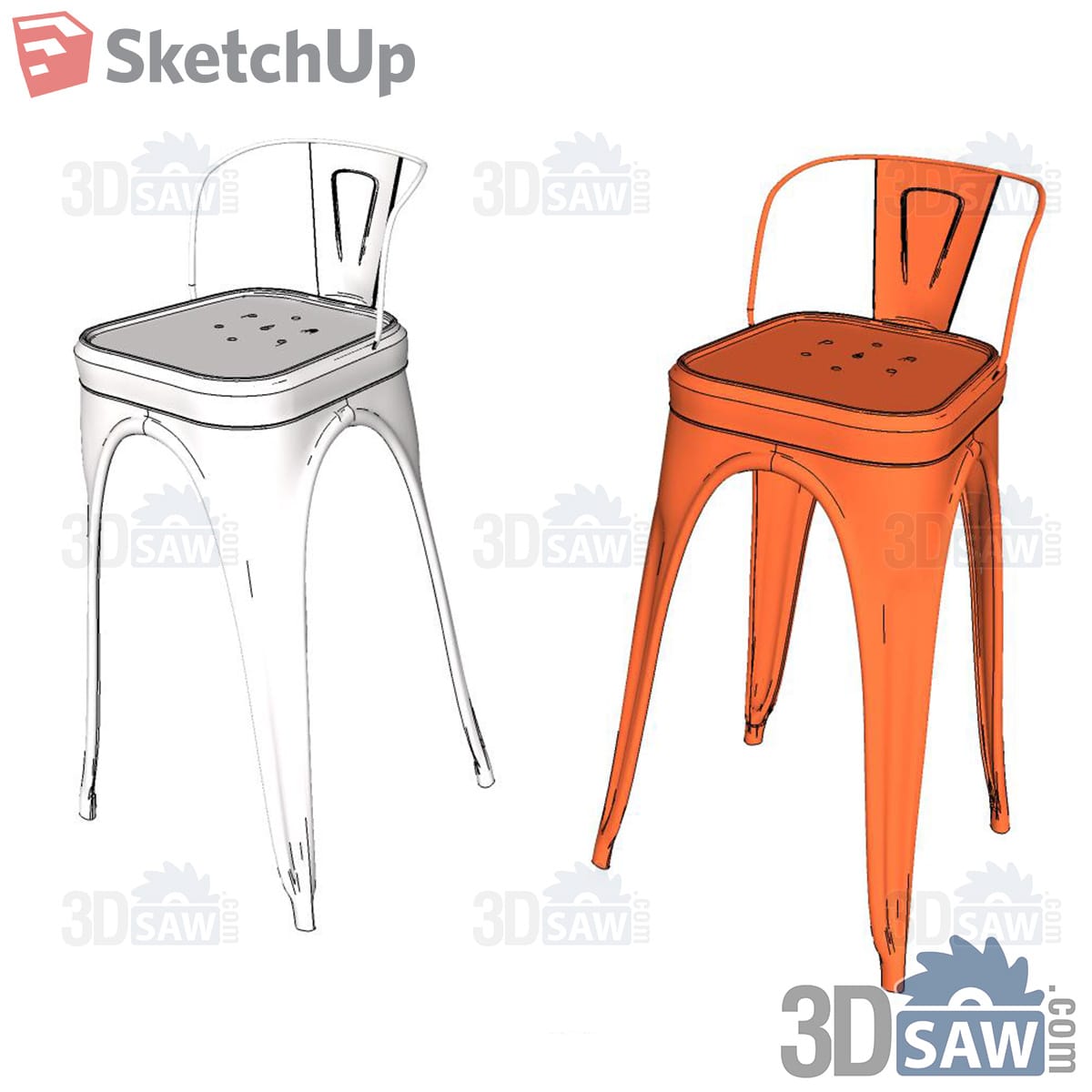 White and orange metal bistro bar stools with low backs and flared legs