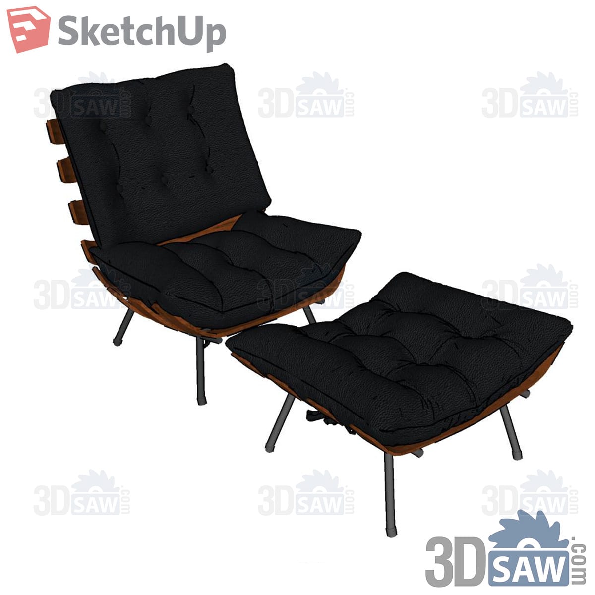 Black tufted lounge chair and ottoman on slim metal legs with slatted wood shell