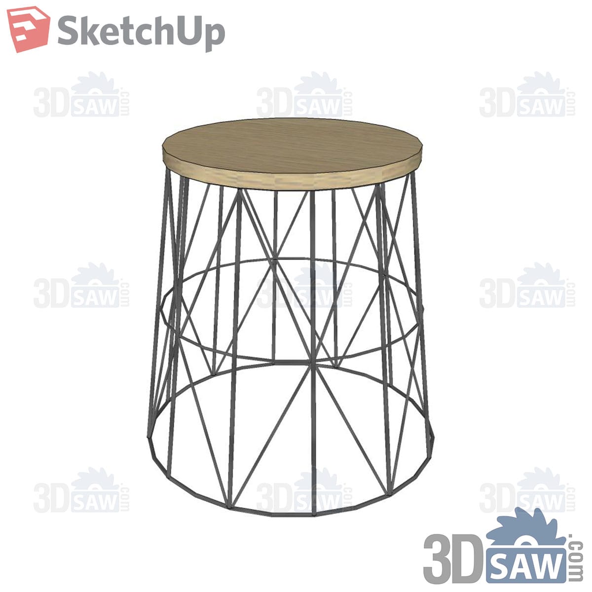 Round oak-top side table with black geometric wire base