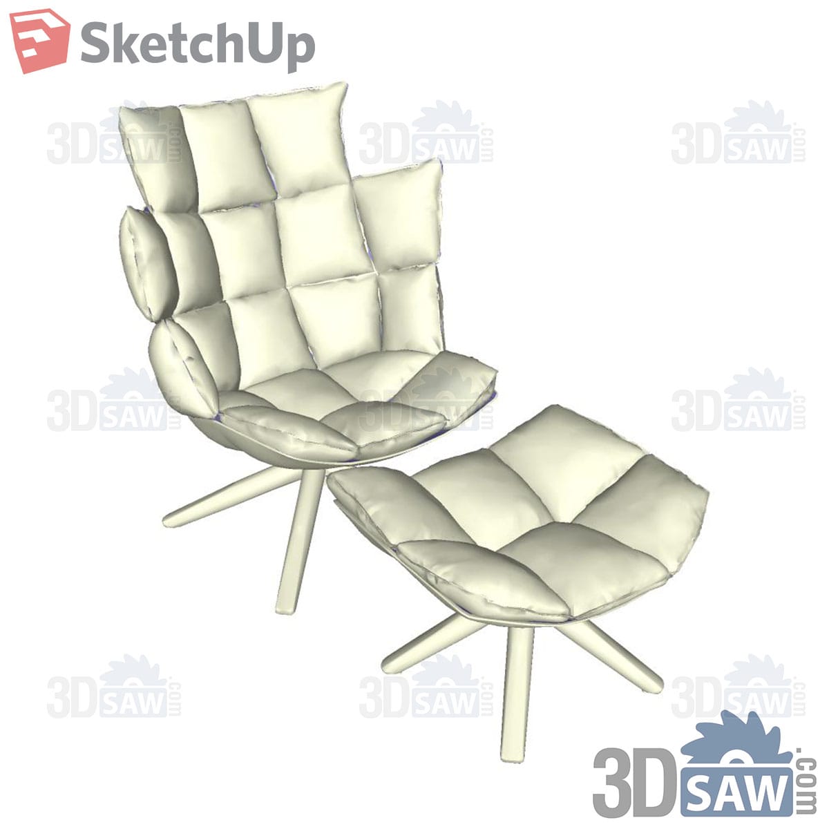 Cream quilted swivel lounge chair and ottoman on cross bases