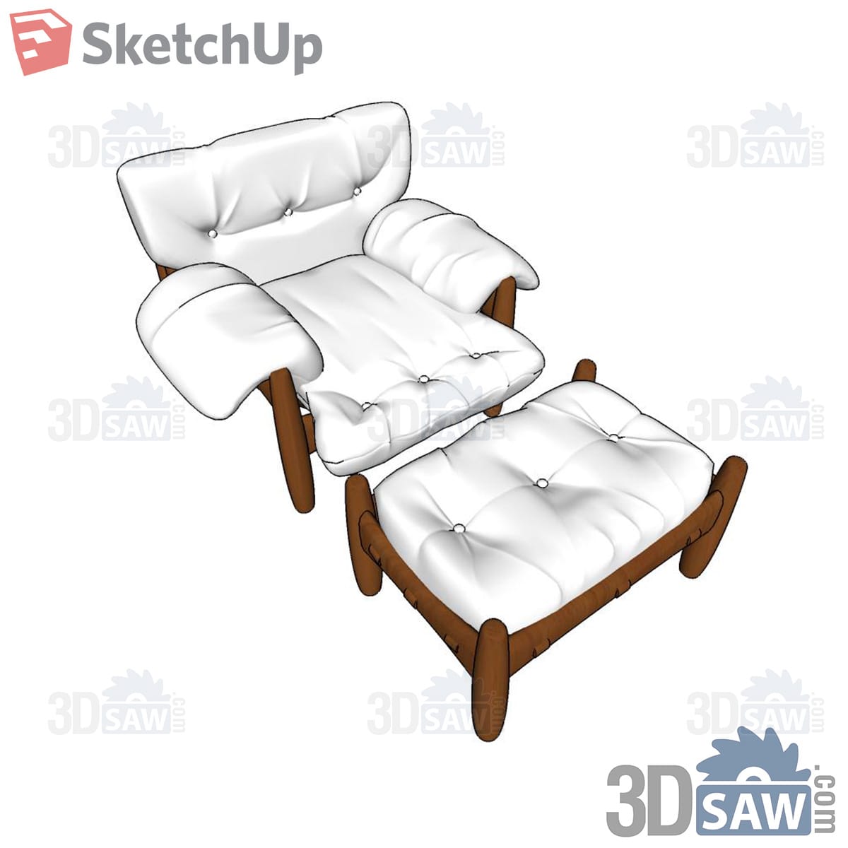 White tufted lounge chair and ottoman with dark wooden frame