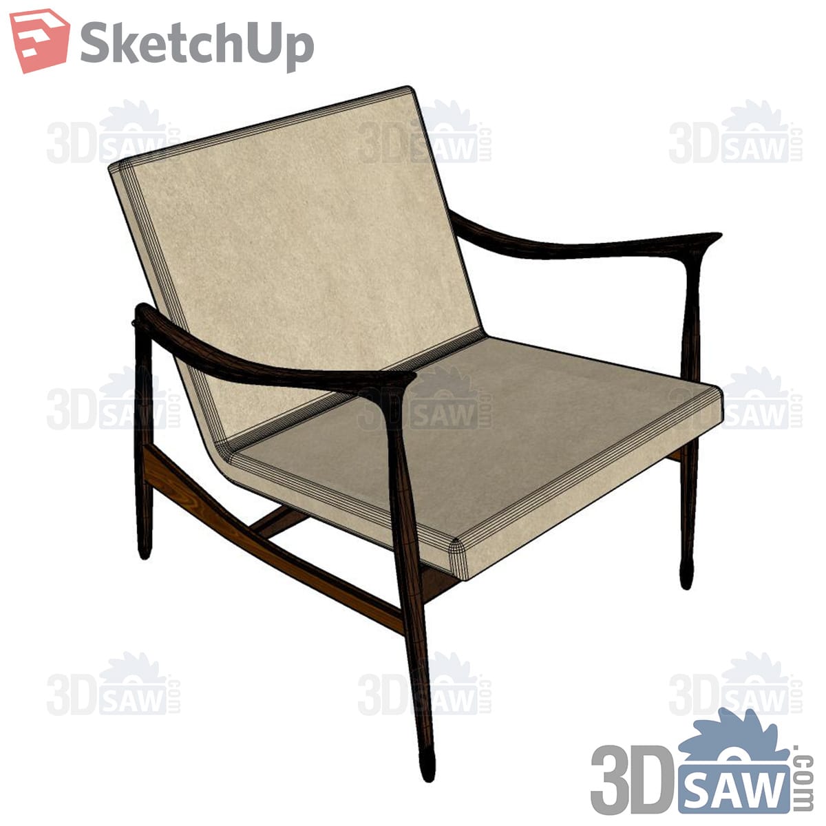 Beige upholstered armchair with dark sculpted wood frame and curved arms