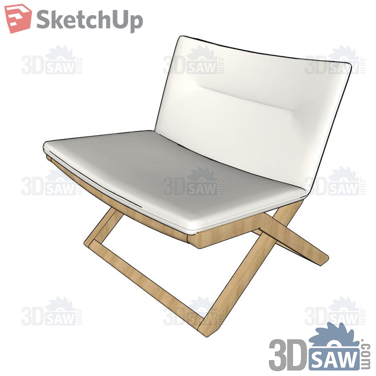 White cushioned lounge chair with crossed oak frame legs