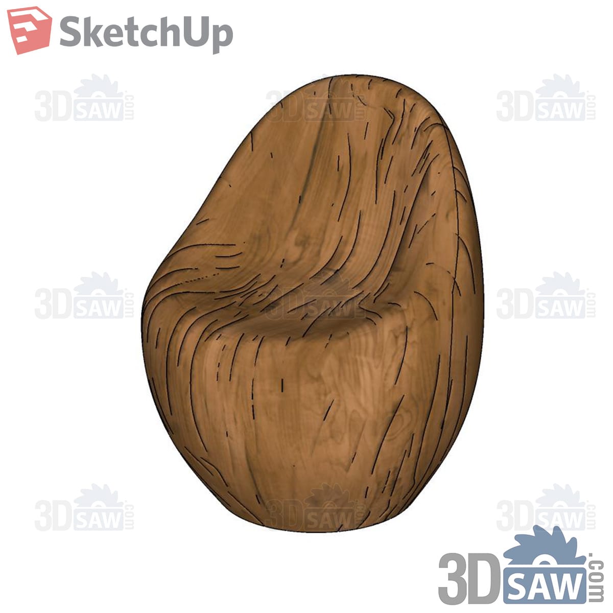 Egg-shaped carved wood-grain lounge chair with swirling grain