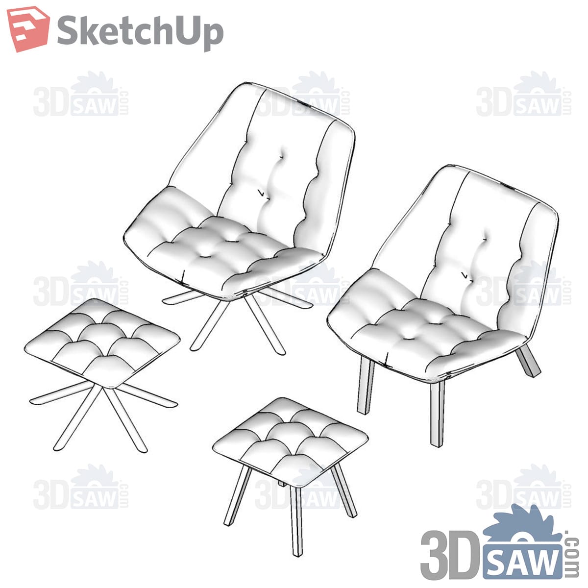 Tufted lounge chairs and ottomans with swivel base and wood legs in line drawing