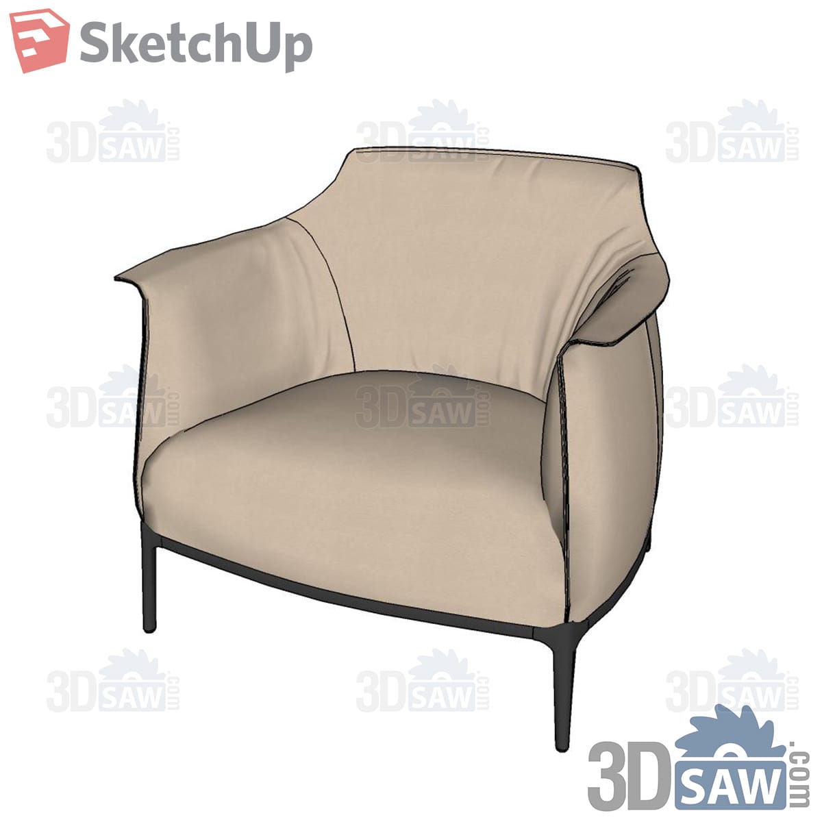 Beige leather club armchair with folded arms and slim black legs