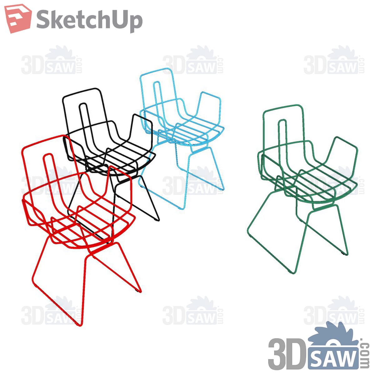 Four wire-loop armchairs in red, black, blue and green with sled bases