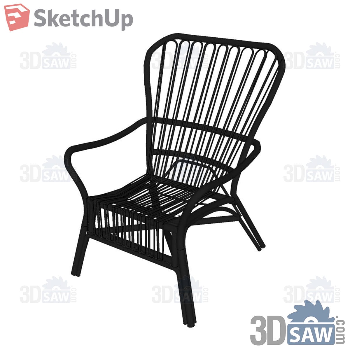 Black rattan armchair with high fan-shaped back and curved arms