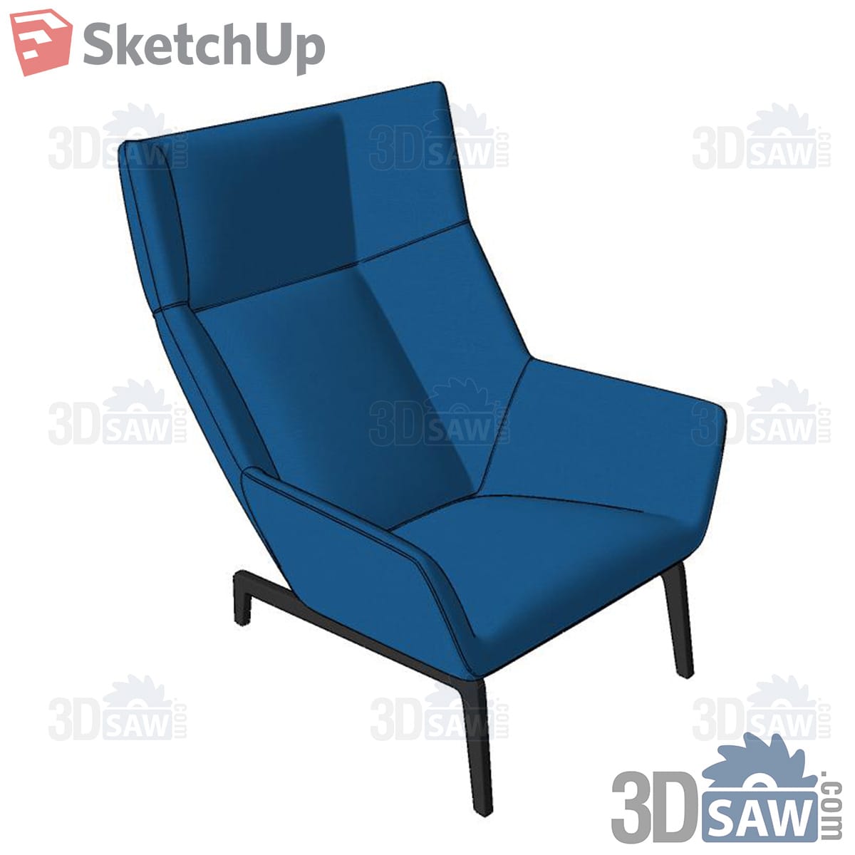 Blue high-back lounge armchair with angular panels and black legs