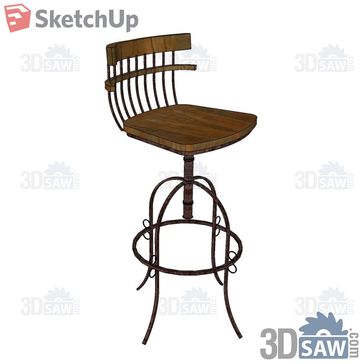 Rustic swivel bar stool with wooden seat and wrought-iron legs