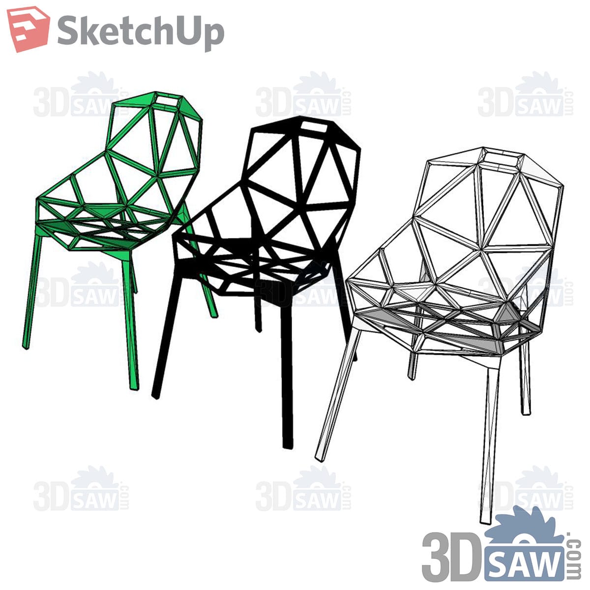 Three geometric lattice chairs in green, black and white