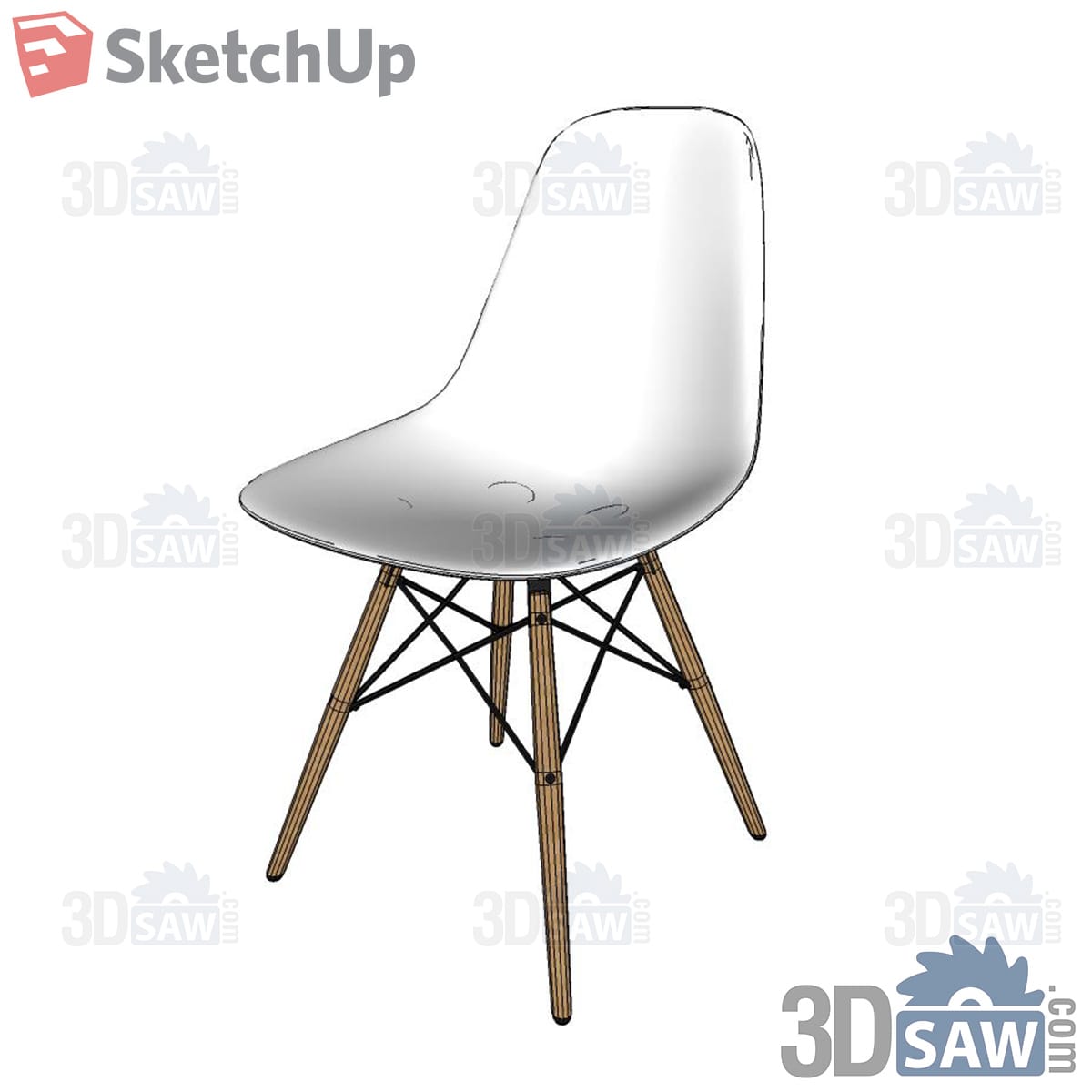 White molded shell chair with wooden dowel legs and wire bracing
