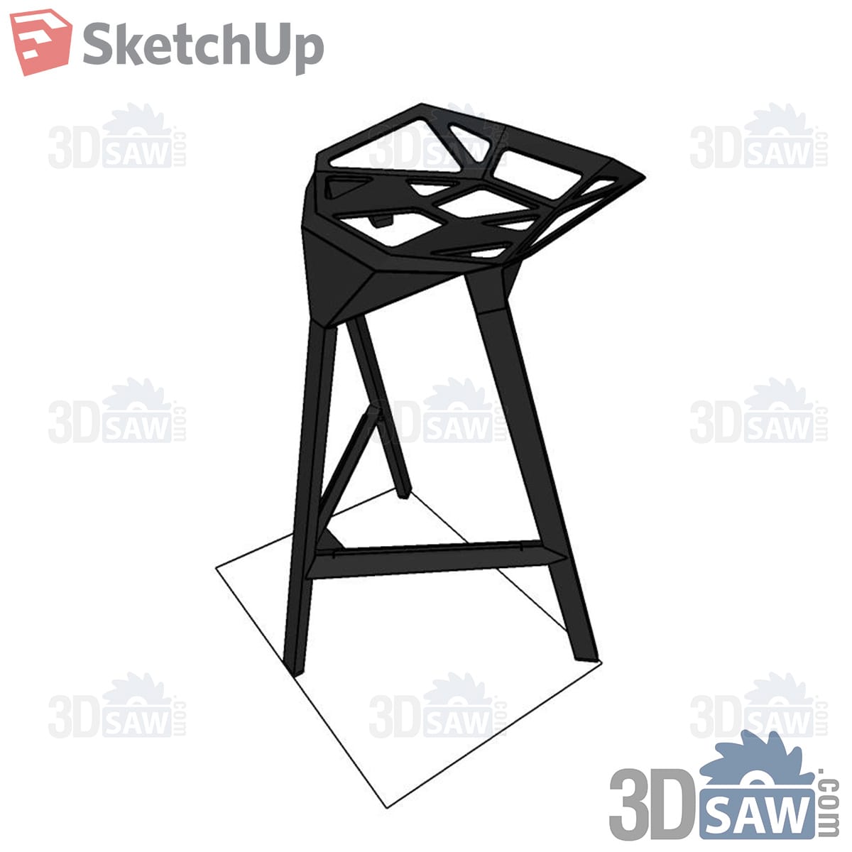 Black faceted metal counter stool with perforated seat and splayed legs