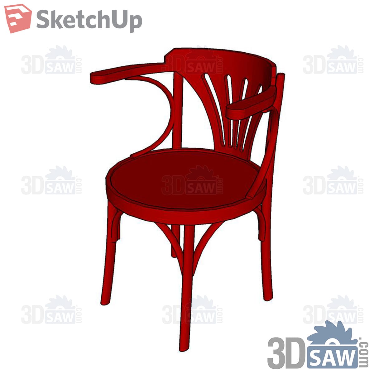 Red bentwood armchair with fan back, curved arms and round seat