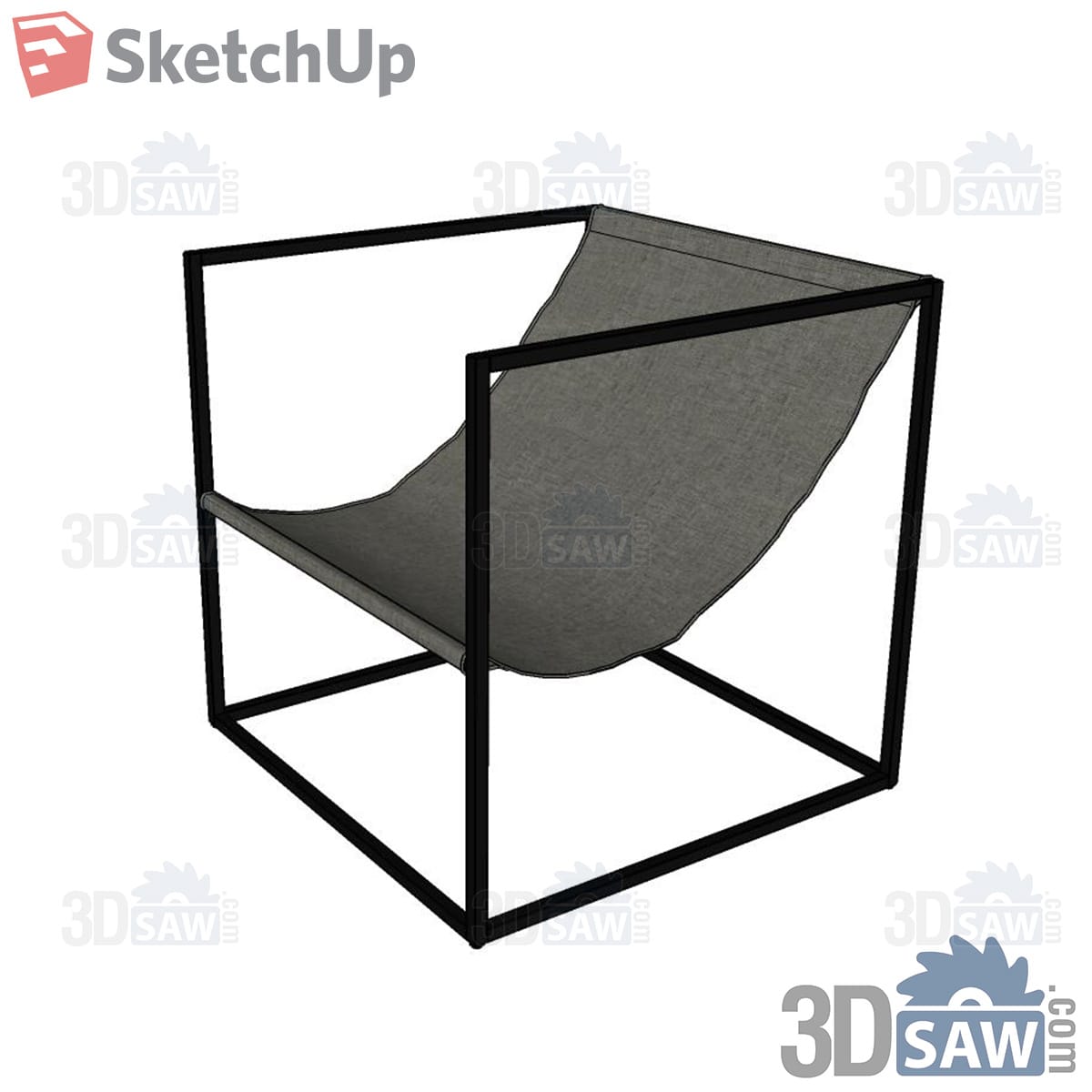Black cube-frame armchair with grey fabric sling seat