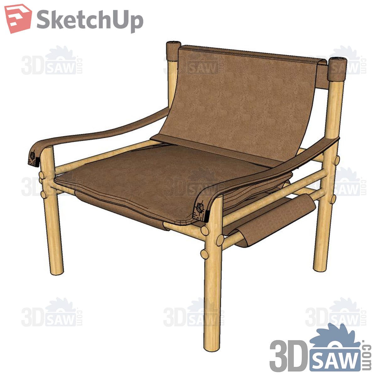 Tan leather sling armchair with natural wood frame and strap arms