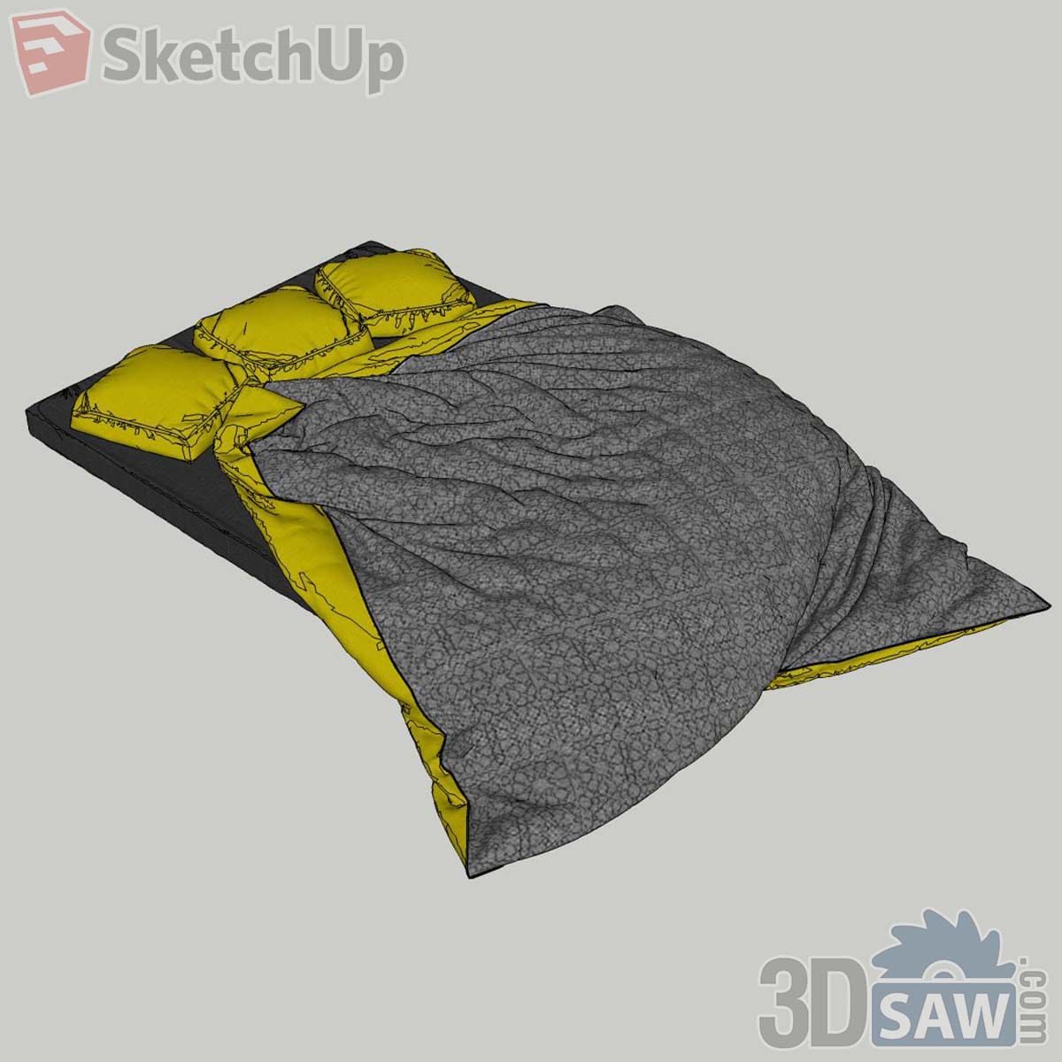 Low floor mattress with a patterned grey duvet, yellow lining and three ruffled yellow pillows