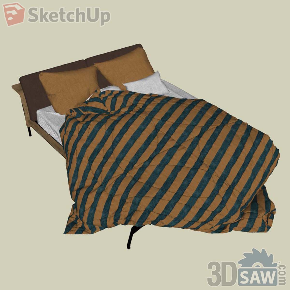 Mid-century bed with split brown headboard, slim black legs and an ochre and teal striped duvet