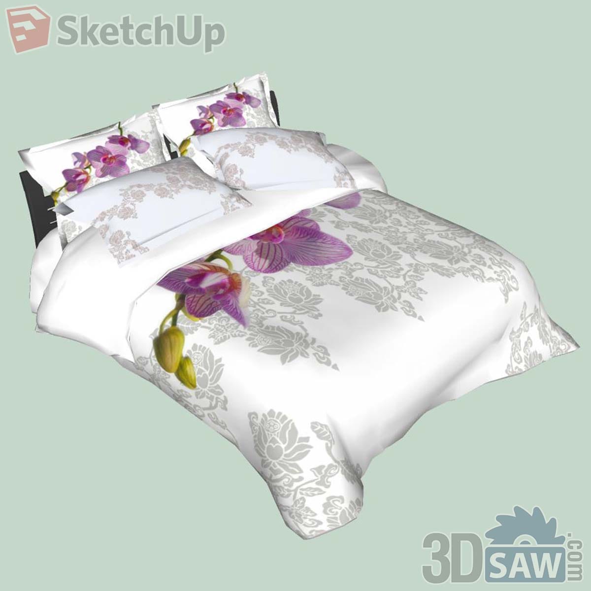 White bedding set with grey damask pattern and large purple orchid print on duvet and pillows