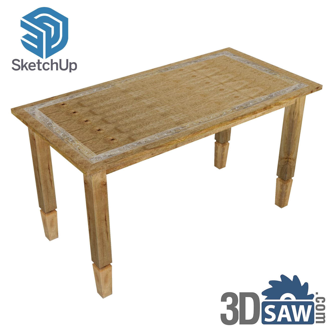 Rustic pine dining table with stone inlay border