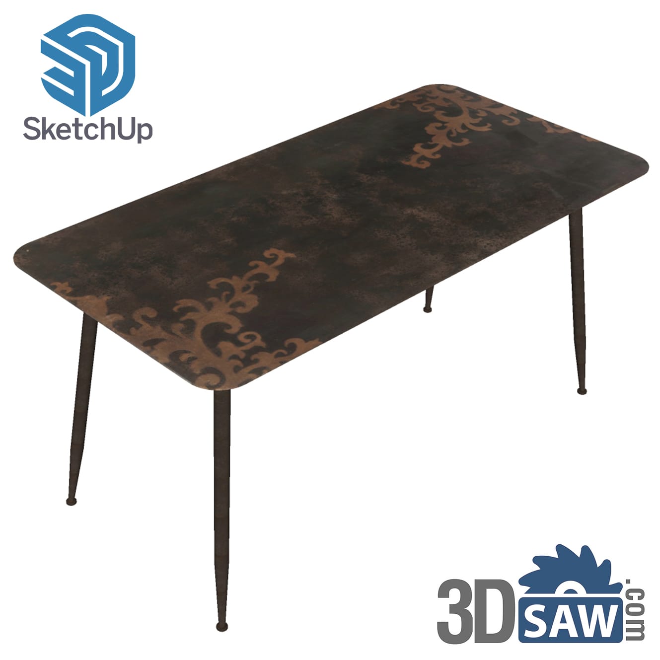 Dark bronze dining table with ornamental scroll pattern and slim legs