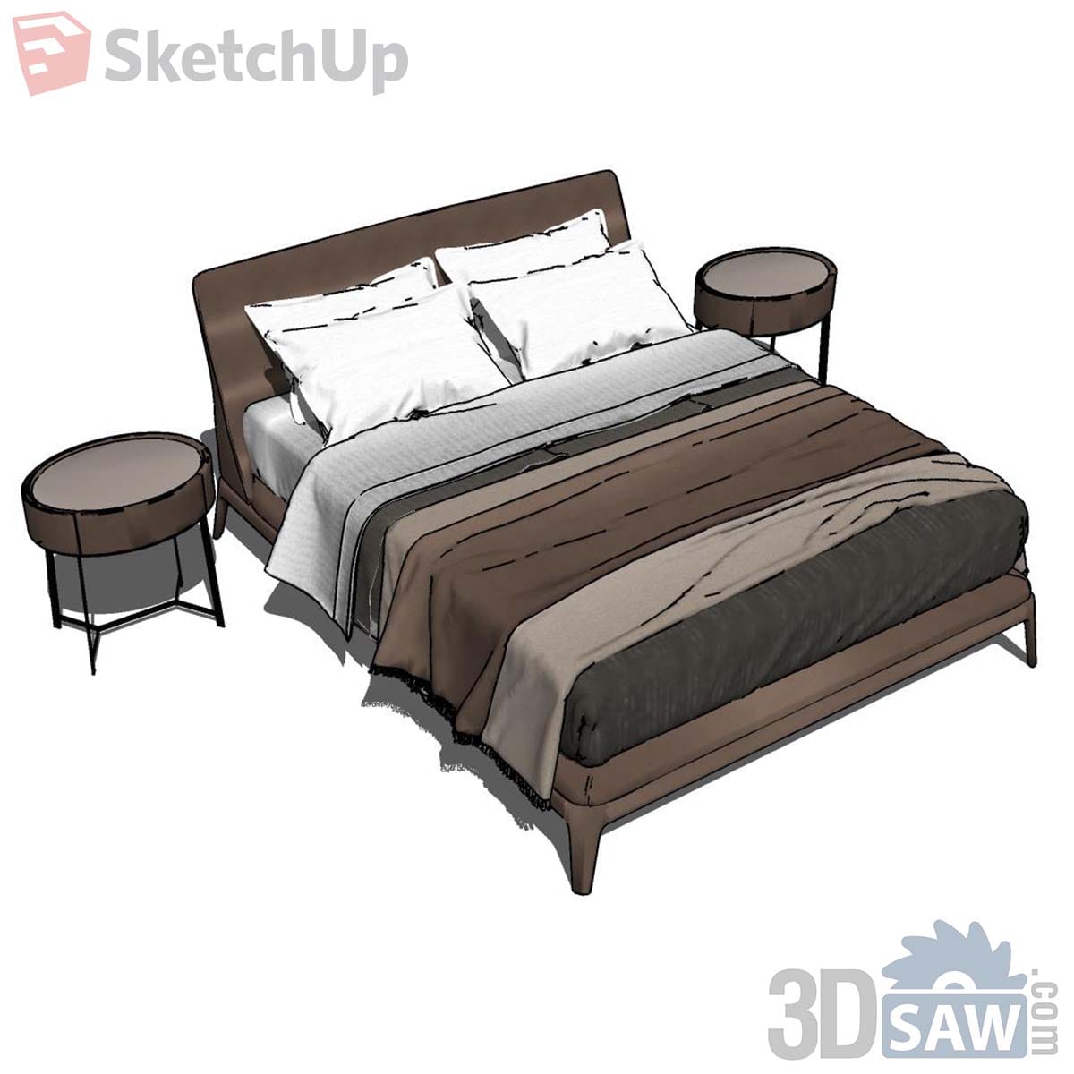 Brown leather bed with layered throws flanked by two round drum bedside tables
