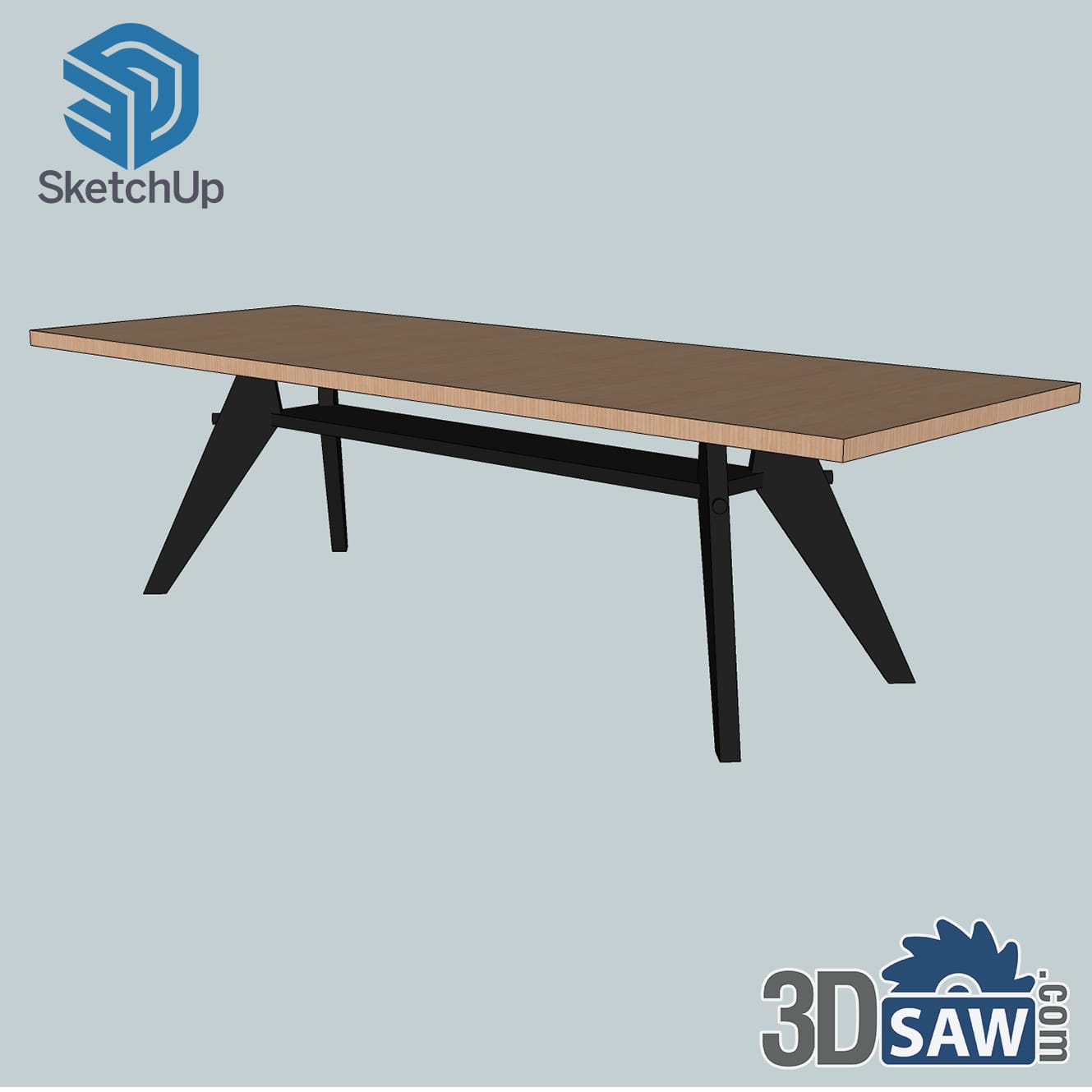 Modern oak dining table with black splayed trestle legs
