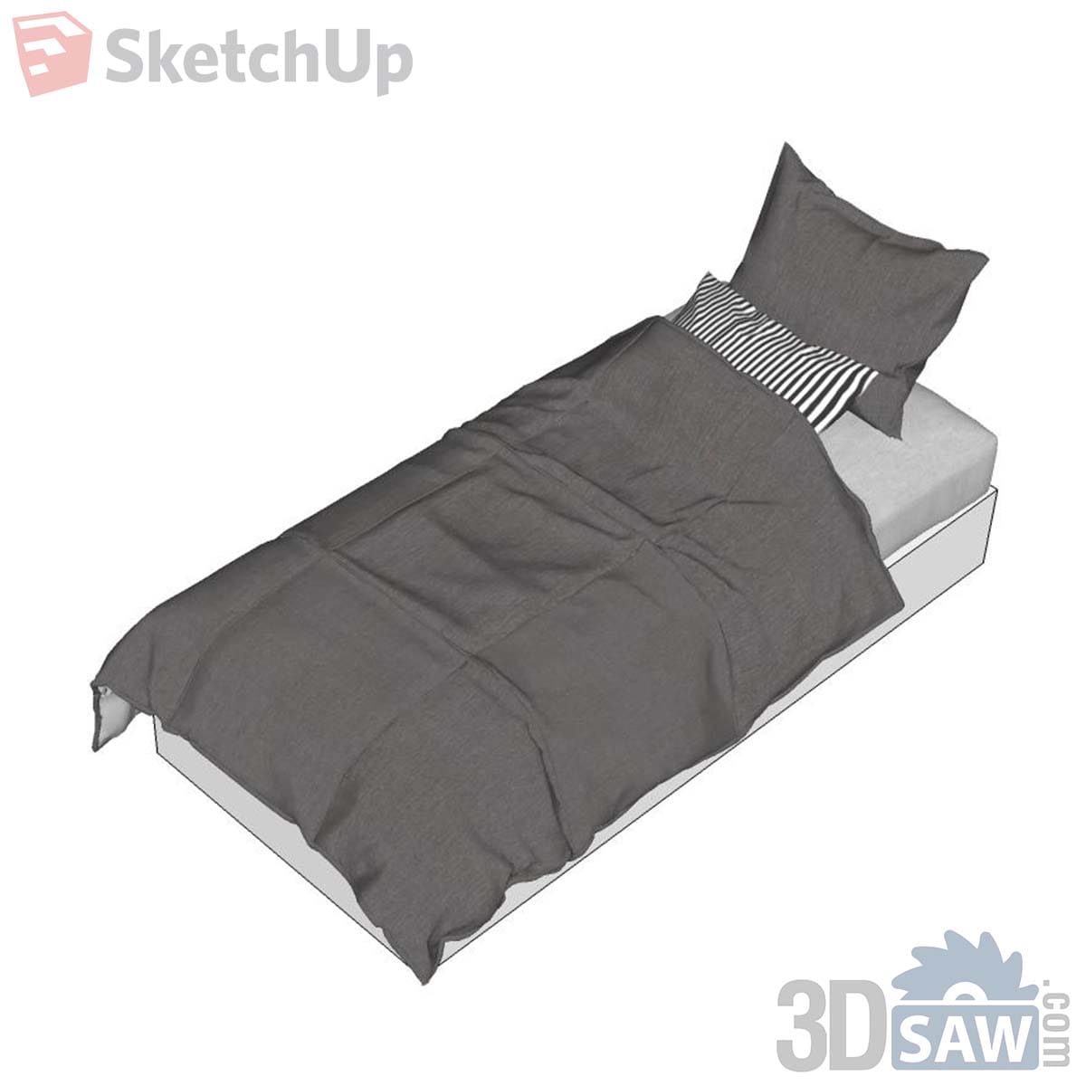 White single bed with a rumpled charcoal duvet and a black and white striped pillow