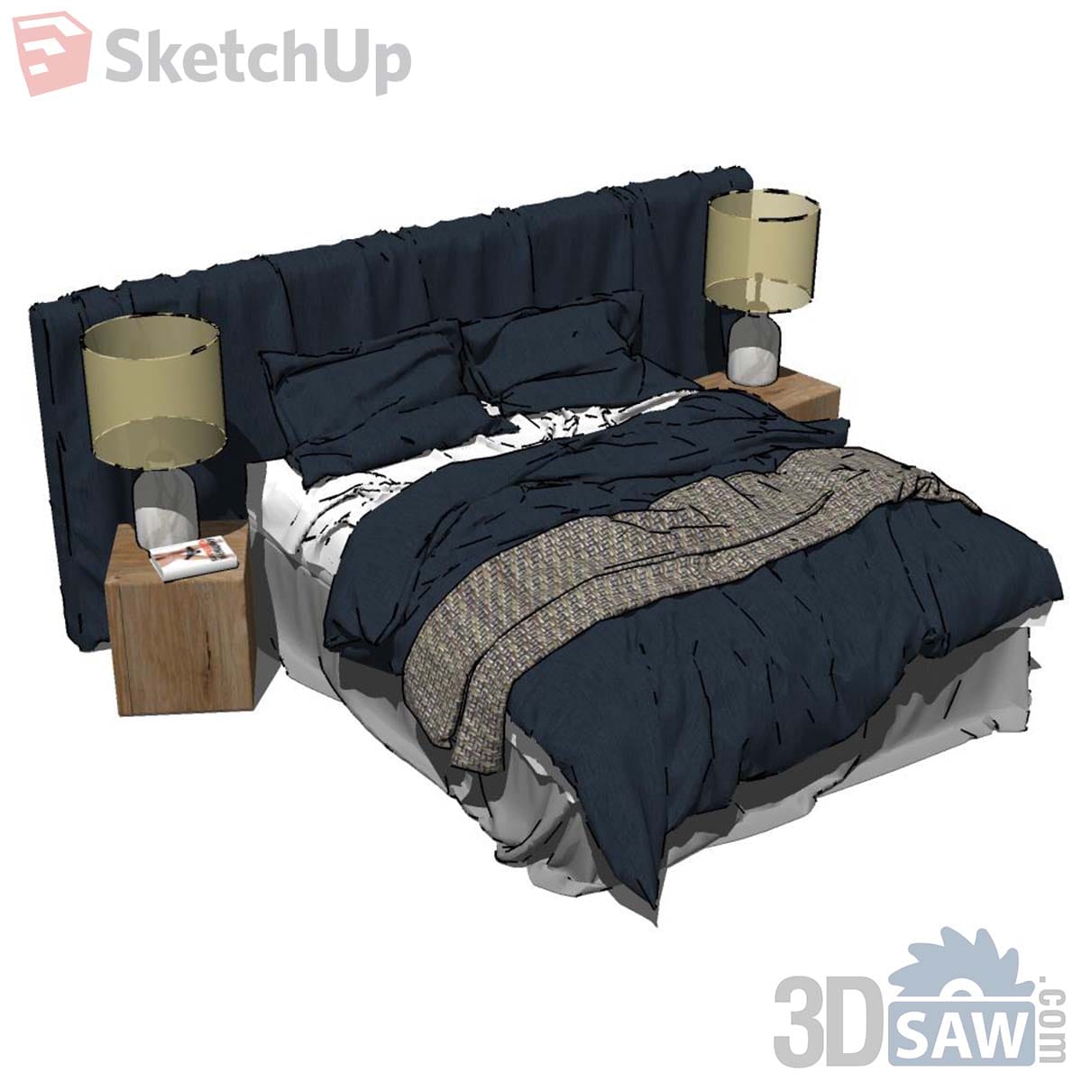 Navy bed with wide padded headboard, wood cube nightstands and glass table lamps