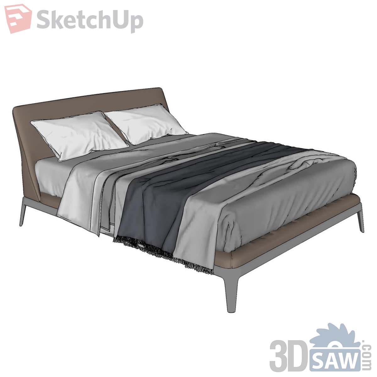 Taupe upholstered bed on slim legs with grey sheets and a fringed slate-blue throw