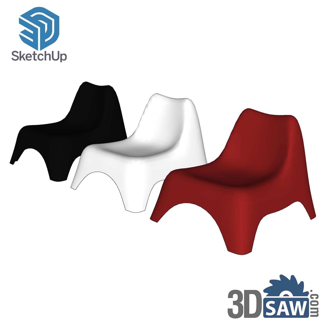 Modern molded lounge chair trio in black, white and red