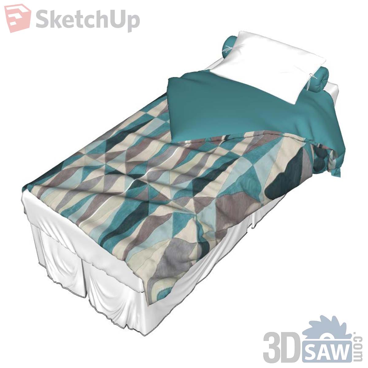 Single bed with teal geometric triangle duvet, teal sheet and round bolster cushions