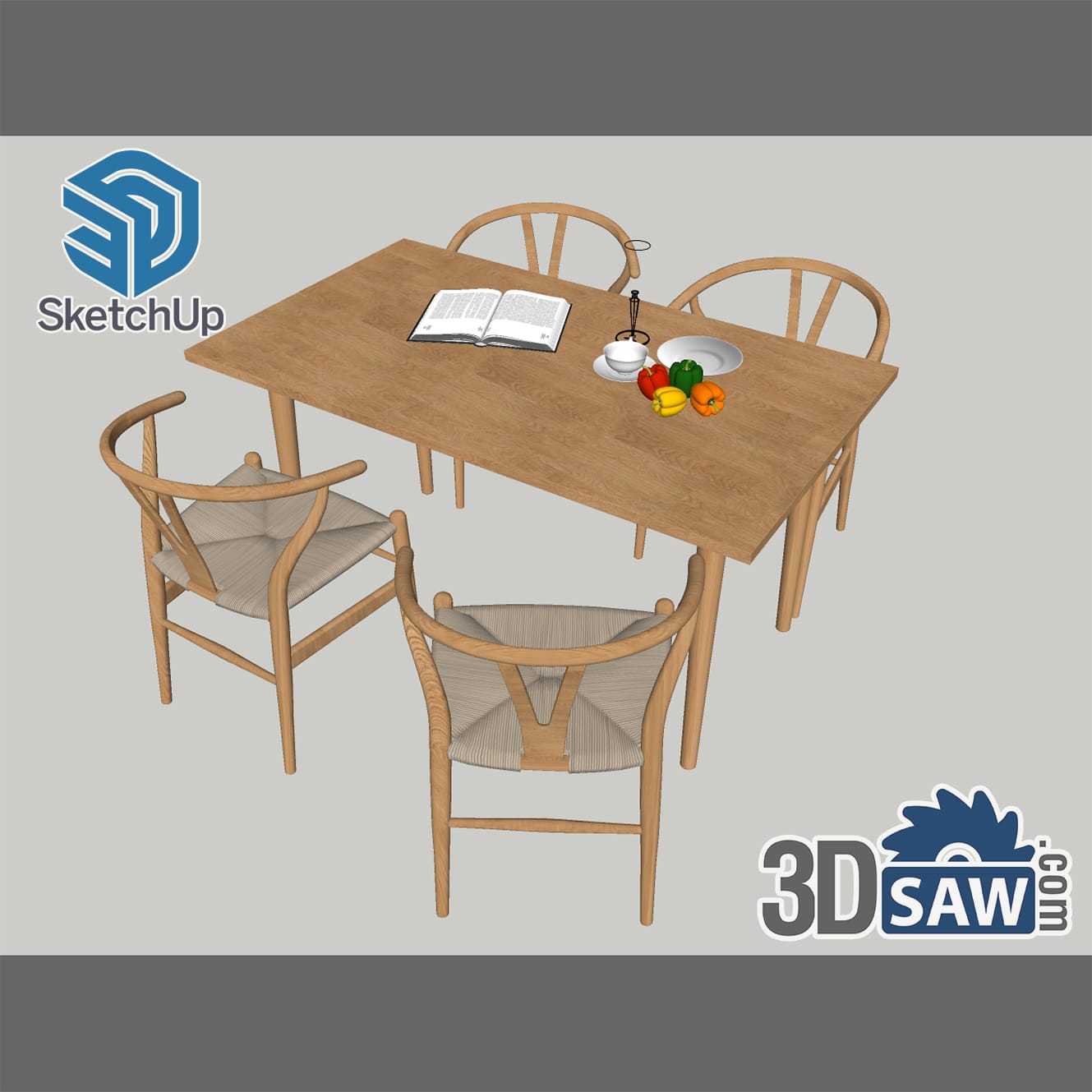 Scandinavian oak dining table with four wishbone chairs and tableware