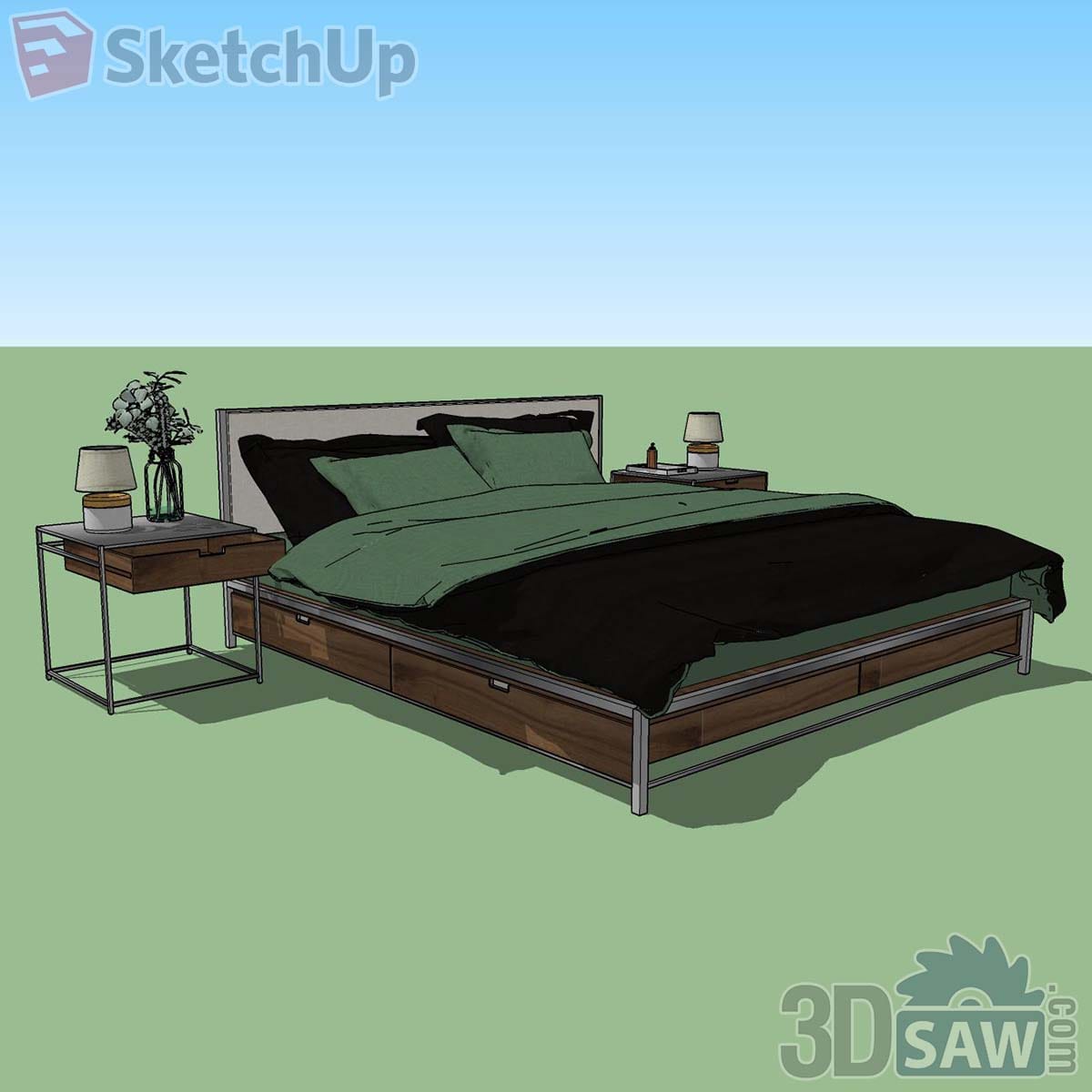 Steel and walnut storage bed with drawers, matching nightstands, table lamps and green bedding