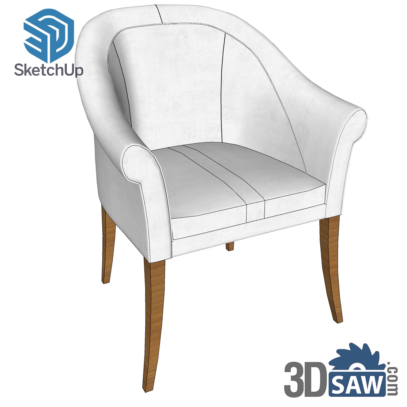 Classic white curved-back tub armchair with tapered wooden legs