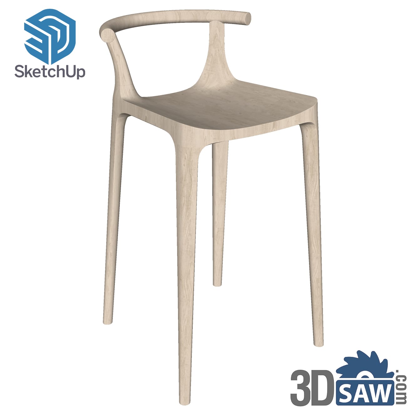 Minimalist bleached oak bar stool with curved arm-rail backrest